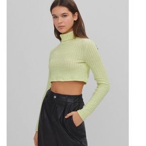 NWT Bershka Ribbed Cropped High Neck Sweater Lime Green Medium